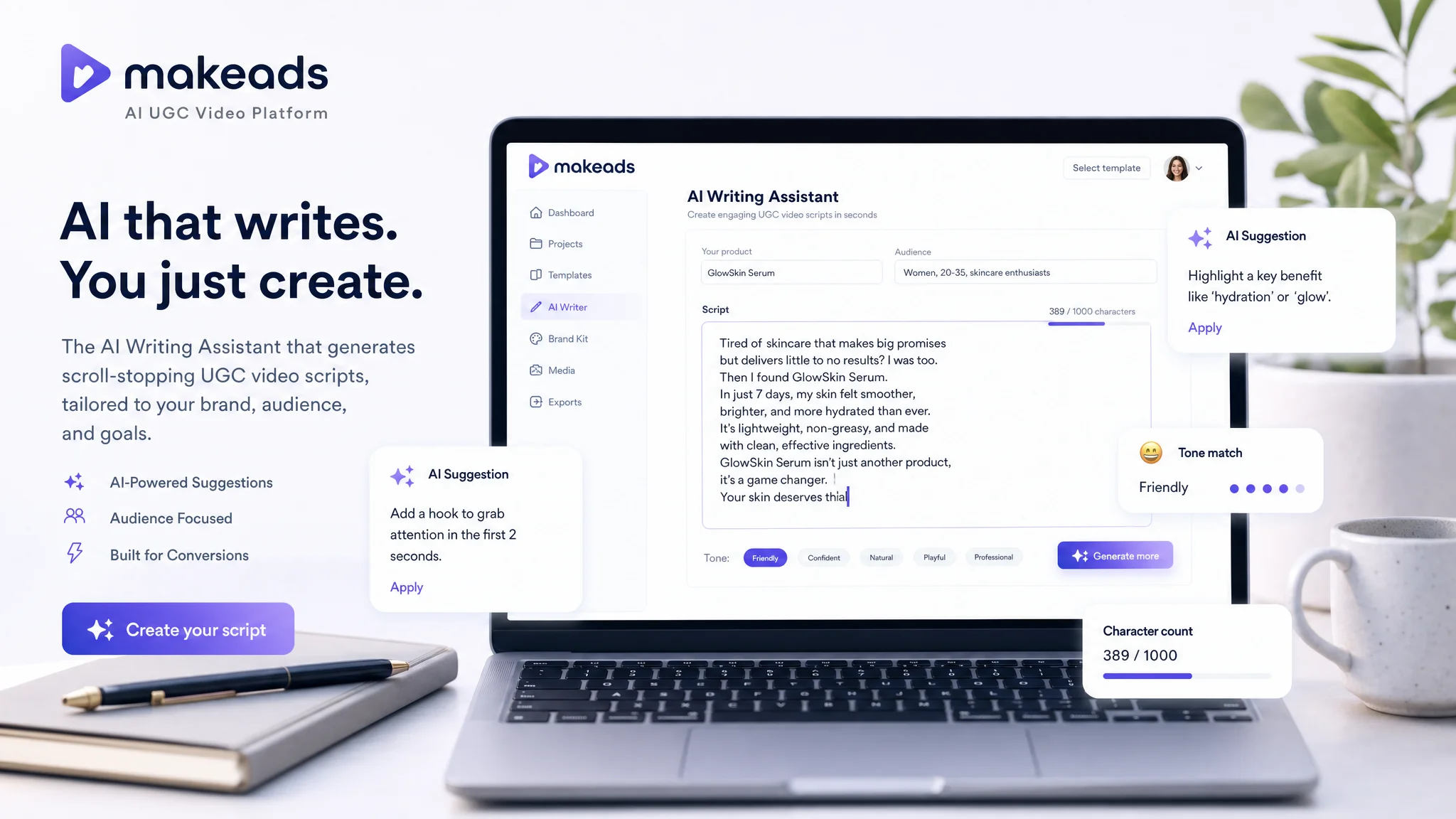 AI video ad script generator turning a creative brief into a structured UGC ad script