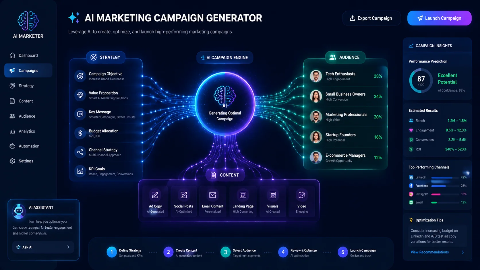 AI marketing campaign generator dashboard showing automated creative concepts and messaging variations