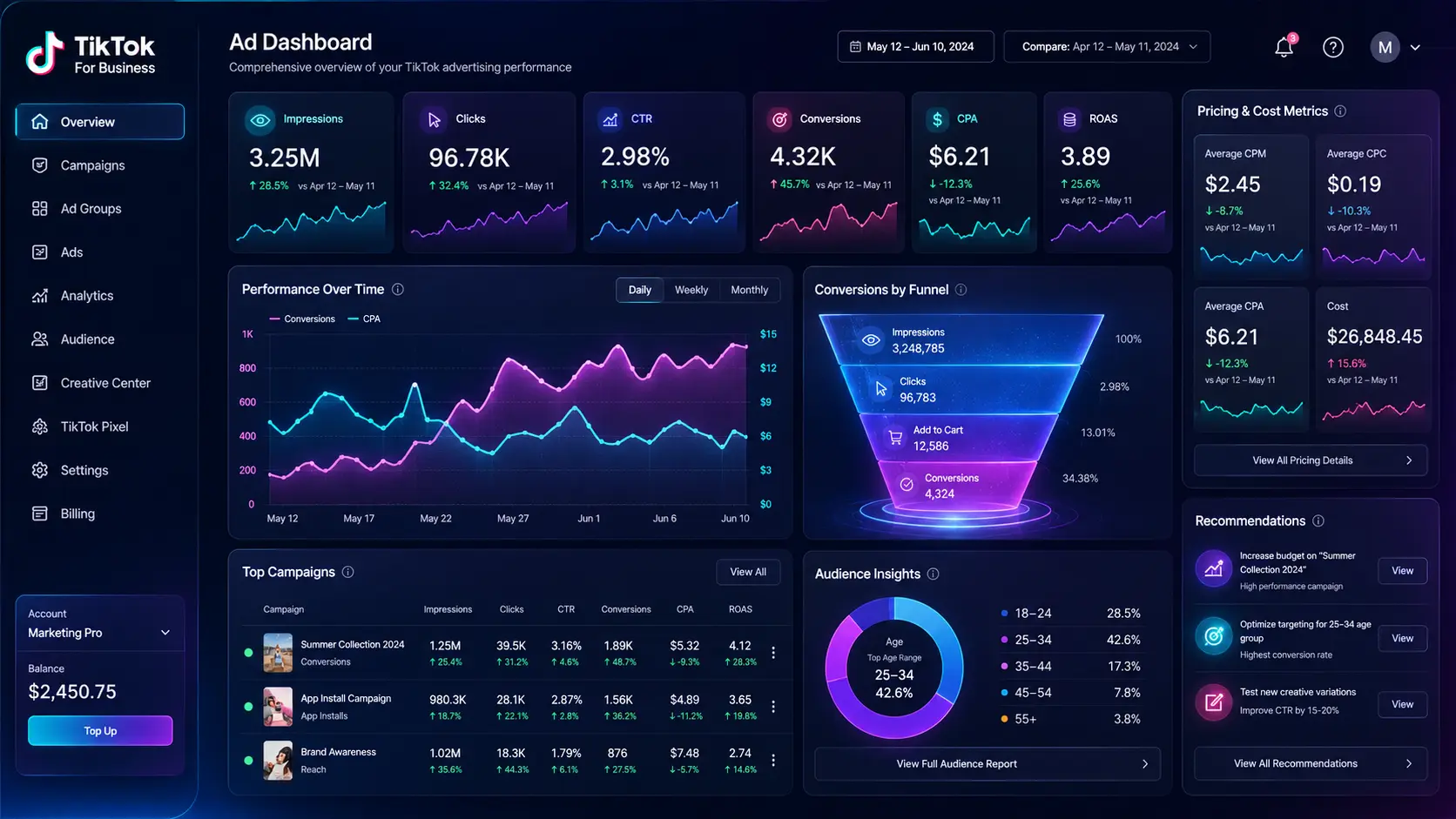 TikTok advertising dashboard showing campaign costs, CPM metrics, and budget allocation
