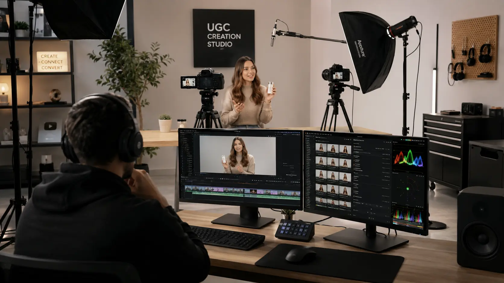UGC video production workflow showing smartphone recording setup with AI processing icons and clean studio environment