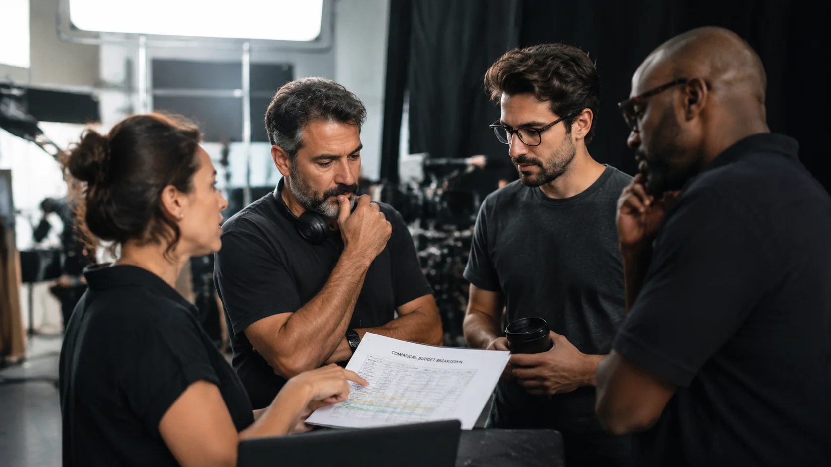 Film production crew discussing commercial production costs on a professional studio set with lighting and camera equipment