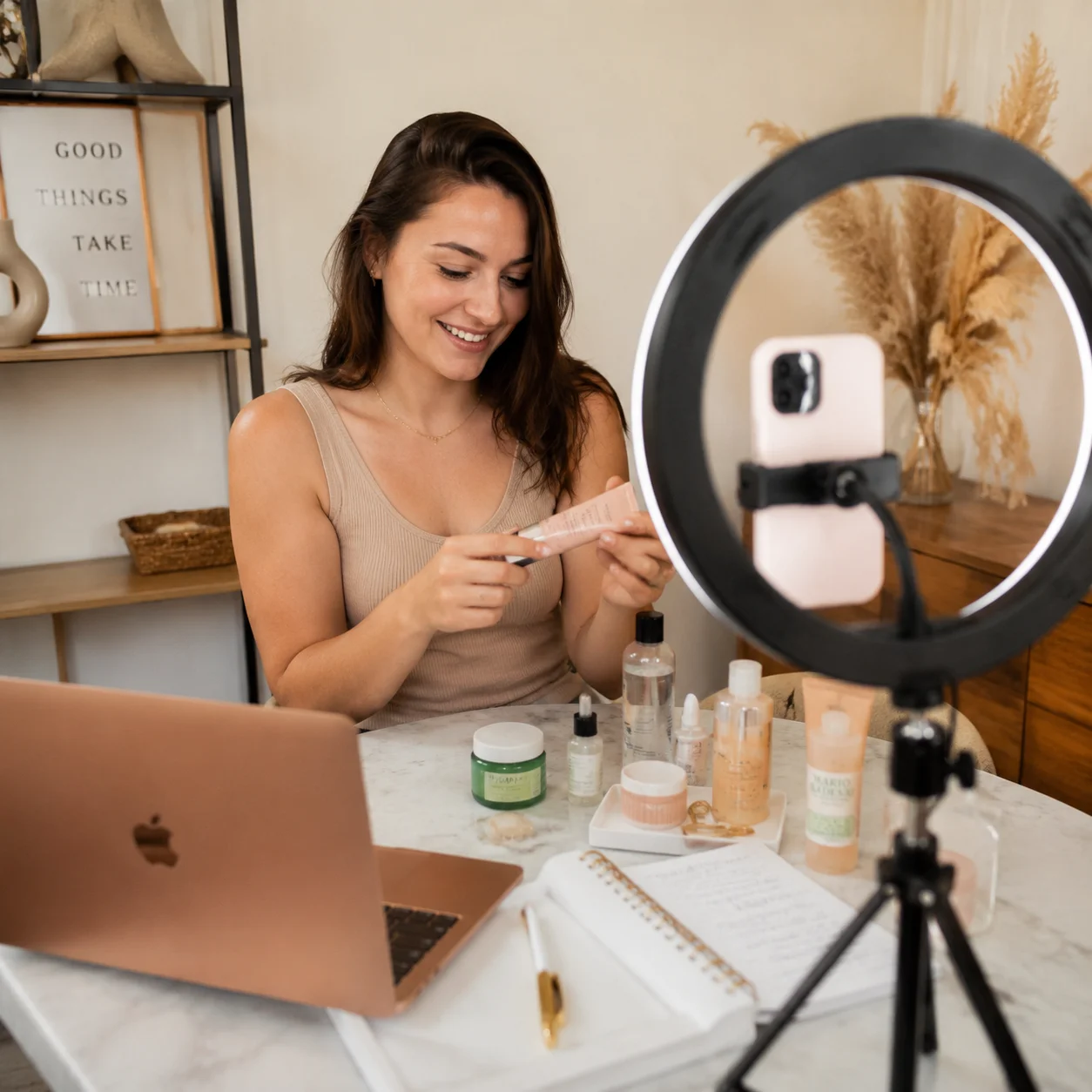 UGC influencer content creation workspace with creator tools and product samples